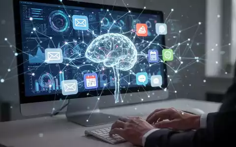 Leuchtende neuronale Netzwerkoberfläche auf einem Desktop-Bildschirm, die KI-gesteuerte Anwendungen und Datenintegration für Produktivität zeigt. - Foto: über boerse-global.de