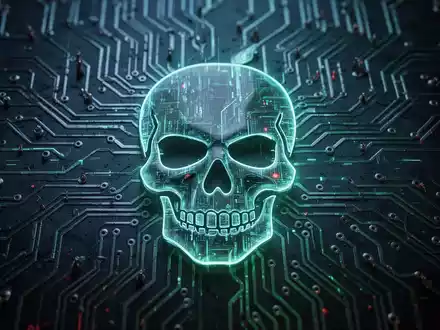 Ein leuchtender, digitaler Totenkopf über einem abstrakten Schaltplattendesign, der eine neue Malware-Bedrohung für Apple macOS symbolisiert. - Foto: über boerse-global.de