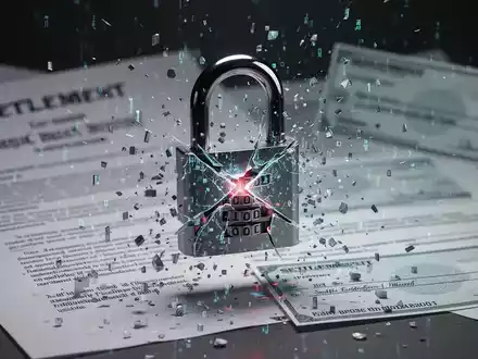 Ein digitales Vorhängeschloss zerspringt in Datenfragmente, im Hintergrund verschwommene Rechtsdokumente und Schecks, symbolisiert Datenvergleichszahlungen. - Foto: über boerse-global.de