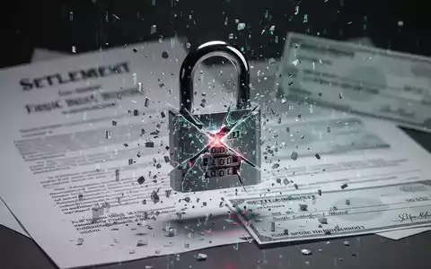 Ein digitales Vorhängeschloss zerspringt in Datenfragmente, im Hintergrund verschwommene Rechtsdokumente und Schecks, symbolisiert Datenvergleichszahlungen. - Foto: über boerse-global.de