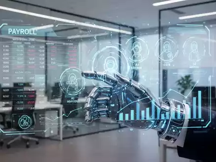 Eine stilisierte menschliche Hand interagiert mit einer holografischen Anzeige, die Gehaltsabrechnungsdaten und KI-Agenten-Symbole darstellt. - Foto: über boerse-global.de