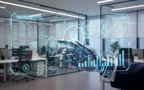 Eine stilisierte menschliche Hand interagiert mit einer holografischen Anzeige, die Gehaltsabrechnungsdaten und KI-Agenten-Symbole darstellt. - Foto: über boerse-global.de