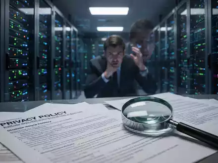 Eine gestresste Person in einem Serverraum, umgeben von Dokumenten zur Datenschutzrichtlinie und einem Vergrößerungsglas. - Foto: über boerse-global.de