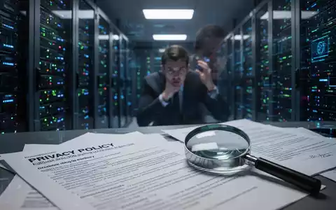 Eine gestresste Person in einem Serverraum, umgeben von Dokumenten zur Datenschutzrichtlinie und einem Vergrößerungsglas. - Foto: über boerse-global.de