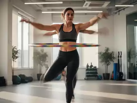Eine Person dreht einen Hula-Hoop-Reifen dynamisch um ihre Taille in einem hellen Fitnessstudio, Fokus auf Bewegung und Fitness. - Foto: über boerse-global.de