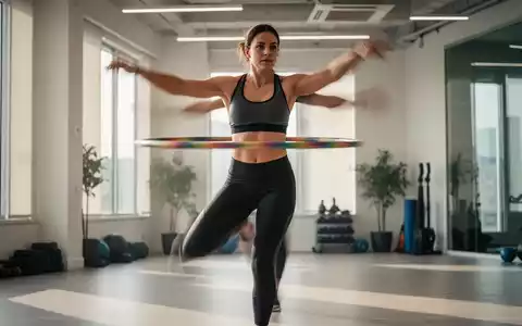 Eine Person dreht einen Hula-Hoop-Reifen dynamisch um ihre Taille in einem hellen Fitnessstudio, Fokus auf Bewegung und Fitness. - Foto: über boerse-global.de