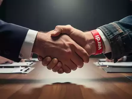 Zwei Hände, eine im Anzug, die andere mit ver.di-Armband, ringen in einem angespannten Händedruck über einem Verhandlungstisch. - Foto: über boerse-global.de