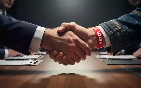 Zwei Hände, eine im Anzug, die andere mit ver.di-Armband, ringen in einem angespannten Händedruck über einem Verhandlungstisch. - Foto: über boerse-global.de