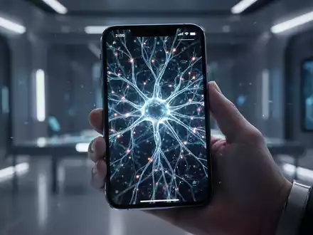 Eine Hand hält ein iPhone mit einem leuchtenden, komplexen neuronalen Netzwerk, das KI-Modelle auf dem Gerät darstellt. - Foto: über boerse-global.de