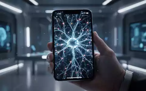 Eine Hand hält ein iPhone mit einem leuchtenden, komplexen neuronalen Netzwerk, das KI-Modelle auf dem Gerät darstellt. - Foto: über boerse-global.de