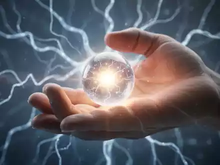 Eine Hand hält eine leuchtende Kugel, während im Hintergrund abstrakte Lichtmuster Elektrostimulation symbolisieren. - Foto: über boerse-global.de