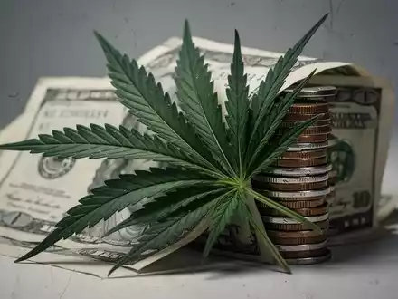 Ein stilisiertes medizinisches Cannabisblatt, teilweise verdeckt von einem Stapel Münzen, symbolisiert die Finanzierung alternativer Medizin. - Foto: über boerse-global.de