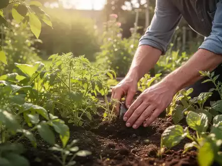 Eine Person gärtnert in einem sonnenbeschienenen Garten, umgeben von üppigem Grün, das Ruhe und Wohlbefinden ausstrahlt. - Foto: über boerse-global.de