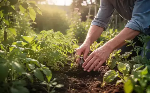 Eine Person gärtnert in einem sonnenbeschienenen Garten, umgeben von üppigem Grün, das Ruhe und Wohlbefinden ausstrahlt. - Foto: über boerse-global.de