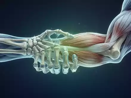 Eine stilisiert menschliche Skeletthand hält einen muskulösen Unterarm. Fokus auf die Verbindung von Knochen- und Muskelgesundheit. - Foto: über boerse-global.de