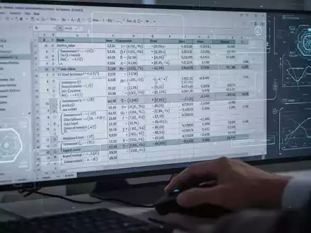 Computerbildschirm mit komplexer Tabelle, Diagrammen und Daten, Hand auf Maus, für fortgeschrittene Datenanalyse. - Foto: über boerse-global.de