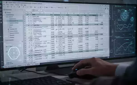 Computerbildschirm mit komplexer Tabelle, Diagrammen und Daten, Hand auf Maus, für fortgeschrittene Datenanalyse. - Foto: über boerse-global.de