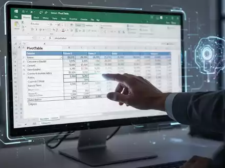 Eine Hand interagiert mit einer Excel-Pivot-Tabelle auf einem Computerbildschirm, die Datenanalyse- und Filteroptionen anzeigt. - Foto: über boerse-global.de