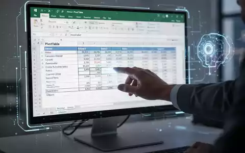 Eine Hand interagiert mit einer Excel-Pivot-Tabelle auf einem Computerbildschirm, die Datenanalyse- und Filteroptionen anzeigt. - Foto: über boerse-global.de