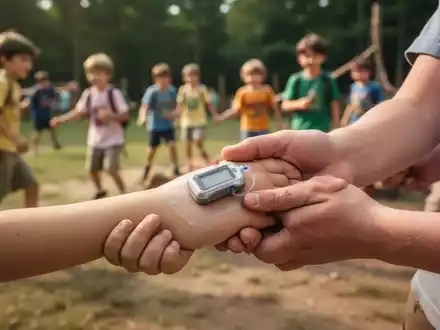 Eine Kinderhand mit Insulinpumpe wird von einer Erwachsenenhand gehalten, im Hintergrund verschwommen spielende Kinder. - Foto: über boerse-global.de