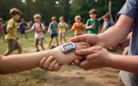 Eine Kinderhand mit Insulinpumpe wird von einer Erwachsenenhand gehalten, im Hintergrund verschwommen spielende Kinder. - Foto: über boerse-global.de