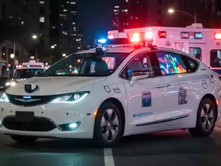 Ein Waymo-Robotaxi hält nachts auf einer Stadtstraße und spiegelt die Blaulichter eines nahen Fahrzeugs. - Foto: über boerse-global.de