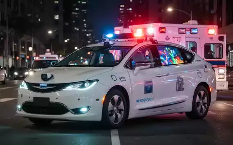 Ein Waymo-Robotaxi hält nachts auf einer Stadtstraße und spiegelt die Blaulichter eines nahen Fahrzeugs. - Foto: über boerse-global.de