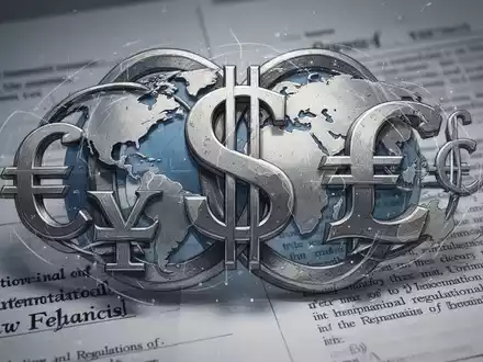 Eine stilisierte Darstellung von ineinandergreifenden globalen Währungssymbolen über rechtlichen Dokumenten, die internationale Steuergesetzgebung symbolisiert. - Foto: über boerse-global.de