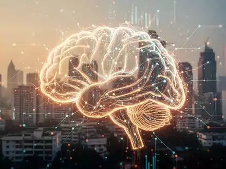 Ein leuchtendes KI-Netzwerk-Gehirn über einer verschwommenen Finanzgegend in Bengaluru, Indien, symbolisiert Technologie und Marktexpansion. - Foto: über boerse-global.de