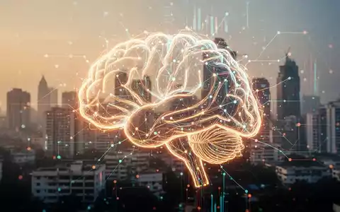 Ein leuchtendes KI-Netzwerk-Gehirn über einer verschwommenen Finanzgegend in Bengaluru, Indien, symbolisiert Technologie und Marktexpansion. - Foto: über boerse-global.de