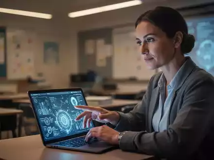 Lehrer in einem modernen Klassenzimmer interagiert mit einem Tablet, symbolisiert KI-Tools für Bildung. - Foto: über boerse-global.de