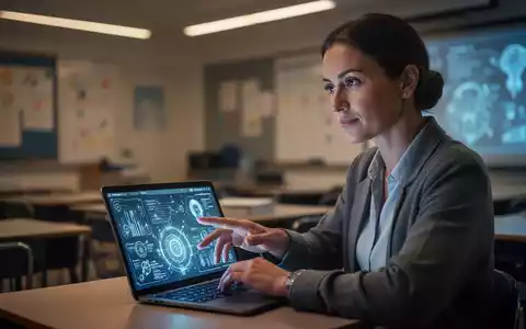Lehrer in einem modernen Klassenzimmer interagiert mit einem Tablet, symbolisiert KI-Tools für Bildung. - Foto: über boerse-global.de