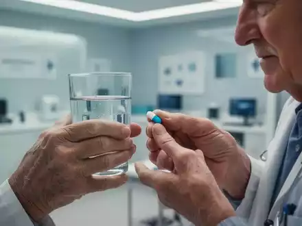 Nahaufnahme der Hände eines älteren Mannes, der ein Glas Wasser und eine Pille hält, in einem medizinischen Umfeld. - Foto: über boerse-global.de