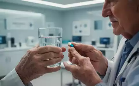 Nahaufnahme der Hände eines älteren Mannes, der ein Glas Wasser und eine Pille hält, in einem medizinischen Umfeld. - Foto: über boerse-global.de