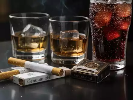 Nahaufnahme von Zigaretten, einem Glas Alkohol und einem Softdrink auf dunklem Untergrund, symbolisiert geplante Steuererhöhungen auf Genussmittel. - Foto: über boerse-global.de