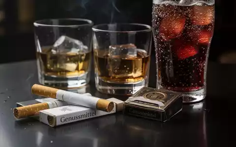 Nahaufnahme von Zigaretten, einem Glas Alkohol und einem Softdrink auf dunklem Untergrund, symbolisiert geplante Steuererhöhungen auf Genussmittel. - Foto: über boerse-global.de