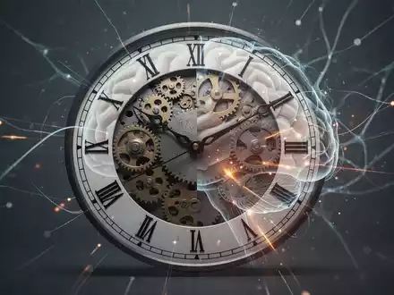 Eine stilisierte Uhr mit Zahnrädern, überlagert von einem abstrakten menschlichen Gehirn, symbolisiert Zeit- und Selbstmanagement. - Foto: über boerse-global.de
