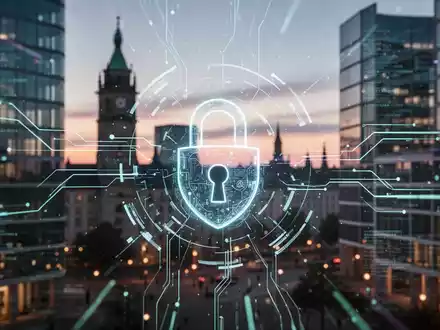 Digitale Schnittstelle mit leuchtenden Linien und Datenströmen über einer verschwommenen deutschen Stadtlandschaft, die Innovation in Sicherheitssoftware symbolisiert. - Foto: über boerse-global.de