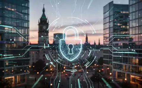 Digitale Schnittstelle mit leuchtenden Linien und Datenströmen über einer verschwommenen deutschen Stadtlandschaft, die Innovation in Sicherheitssoftware symbolisiert. - Foto: über boerse-global.de