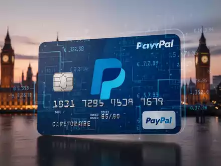 Kreditkarte mit PayPal-Logo und digitalen Finanzdaten vor verschwommener Londoner Skyline in der Dämmerung, symbolisiert digitale Zahlungen und Regulierung. - Foto: über boerse-global.de