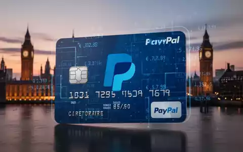 Kreditkarte mit PayPal-Logo und digitalen Finanzdaten vor verschwommener Londoner Skyline in der Dämmerung, symbolisiert digitale Zahlungen und Regulierung. - Foto: über boerse-global.de