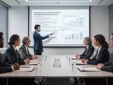 Geschäftsleute diskutieren in einem Konferenzraum über internationale Rechtsvorschriften und grenzüberschreitende Arbeitsverträge. - Foto: über boerse-global.de