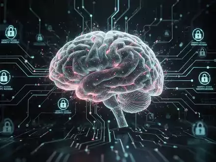 Leuchtendes, abstraktes KI-Gehirn über komplexem digitalen Netzwerk, symbolisiert autonome KI-Bedrohungen für Cybersicherheit und Identität. - Foto: über boerse-global.de