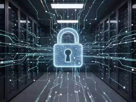 Glühendes digitales Vorhängeschloss-Symbol über komplexem Netzwerk aus Datenströmen und Servern in dunkler High-Tech-Umgebung. - Foto: über boerse-global.de