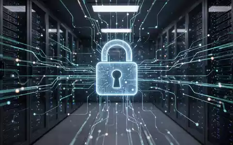 Glühendes digitales Vorhängeschloss-Symbol über komplexem Netzwerk aus Datenströmen und Servern in dunkler High-Tech-Umgebung. - Foto: über boerse-global.de