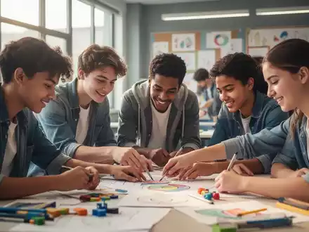 Junge Berufsschüler arbeiten gemeinsam an einem Präventionsprojekt in einem modernen Klassenzimmer, das Teamwork und Gewaltprävention symbolisiert. - Foto: über boerse-global.de
