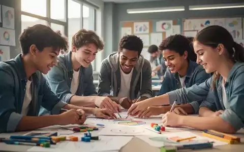 Junge Berufsschüler arbeiten gemeinsam an einem Präventionsprojekt in einem modernen Klassenzimmer, das Teamwork und Gewaltprävention symbolisiert. - Foto: über boerse-global.de