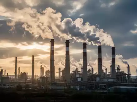 Industrielandschaft mit Fabrikschornsteinen, die Dampf ausstoßen, symbolisiert den Übergang zu sauberer Energie und politische Reformen. - Foto: über boerse-global.de