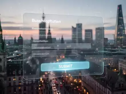 Eine stilisierte, digitale Gewerbeanmeldung mit einem leuchtenden 'Senden'-Button, umgeben von Datenströmen und einer Stadtkulisse. - Foto: über boerse-global.de