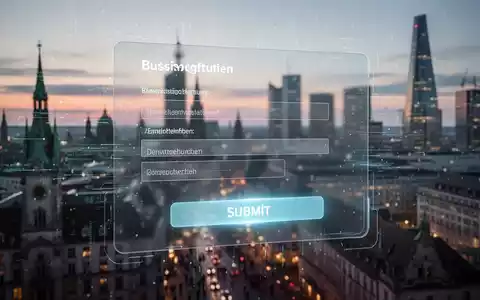 Eine stilisierte, digitale Gewerbeanmeldung mit einem leuchtenden 'Senden'-Button, umgeben von Datenströmen und einer Stadtkulisse. - Foto: über boerse-global.de